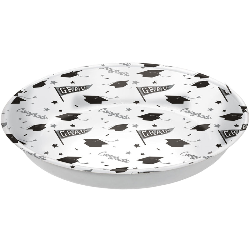 "Congrats Grad" Round Plastic Reusable Serving Bowl, White, 14-in, for Graduation B8420