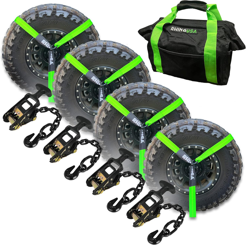 Car Tie Down Straps for Trailers with Flat Hooks (4-Pack) - 2 Inch x 8 Feet (10,000lb Break Strength) - Heavy Duty T-Handle Car Lasso Tire Straps for Trailer & UTV - Black N2523