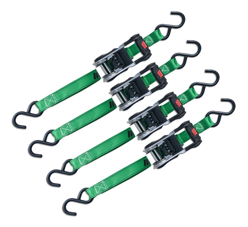 1,500-lb Ratchet Tie Down, with Padded D-Handle, 1-in x 14-ft, 4-pk, Green O3446